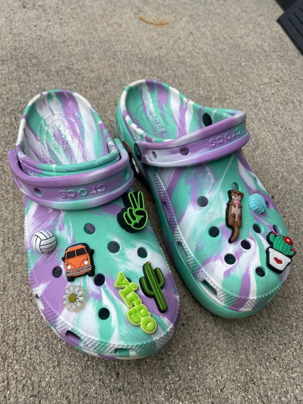 CROCS Adults Sz 8 - Tie-Dye Mint Green & Lavender Clogs. Charms Not Included